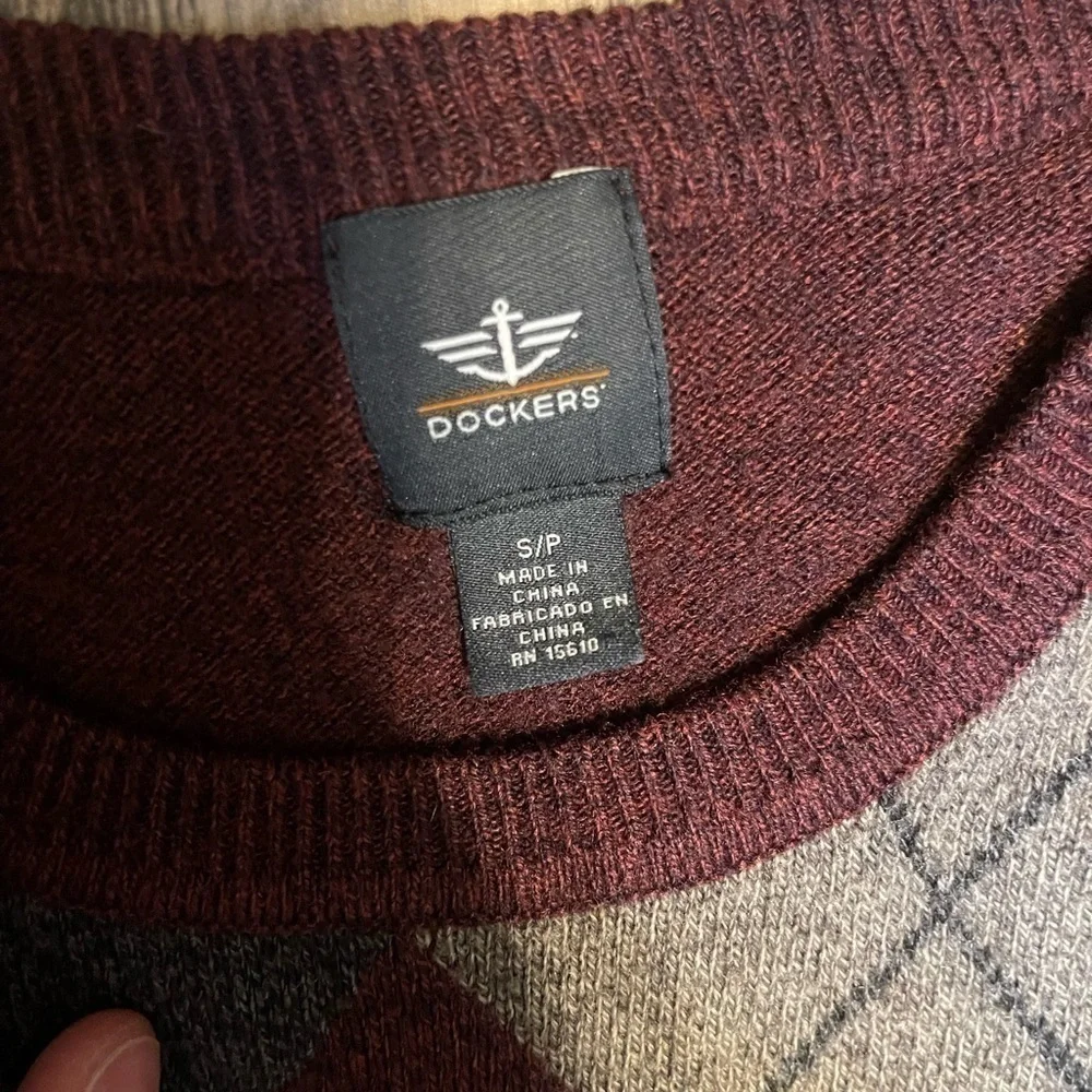 Dockers Sweater Mens Small Grey Blue Diamond Pattern Long Sleeve‎ Pullover